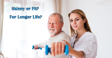 Skinny or Fit for Longer Life? Picture of an elderly caucasian male working out with light dumbbells under the supervision of a younger caucasian physical therapist.