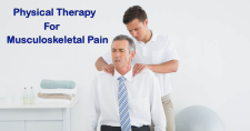 Musculoskeletal Pain: Early PT Cuts Costs and Reduces Opioid Use. Picture of a middle age caucasian male getting his shoulder pain checked by a younger caucasian male physical therapist.