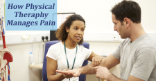 Physical Therapy and Managing Pain. Picture of a young black female assessing where a young caucasian male has pain in his arm.