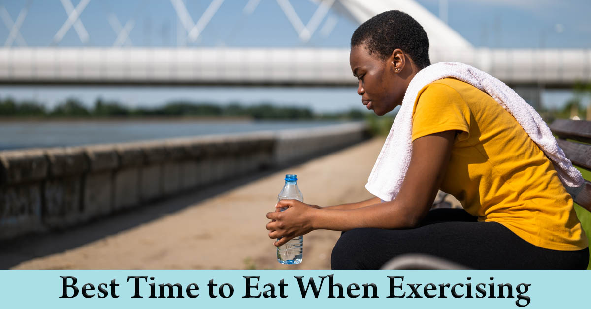 Physical Exercise – When is the Best Time to Eat? Picture of a young black female taking a break from exercising.